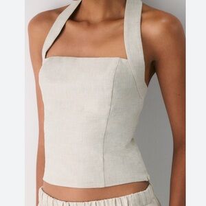Wilfred Aritzia Organic Linen Halter Crop Top Beige Natural Linen Summer Top 2XS